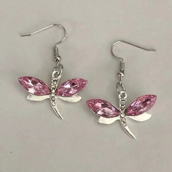 Light Pink Crystal Silver Dragonfly Drop Earrings NWT - Picture 2 of 3